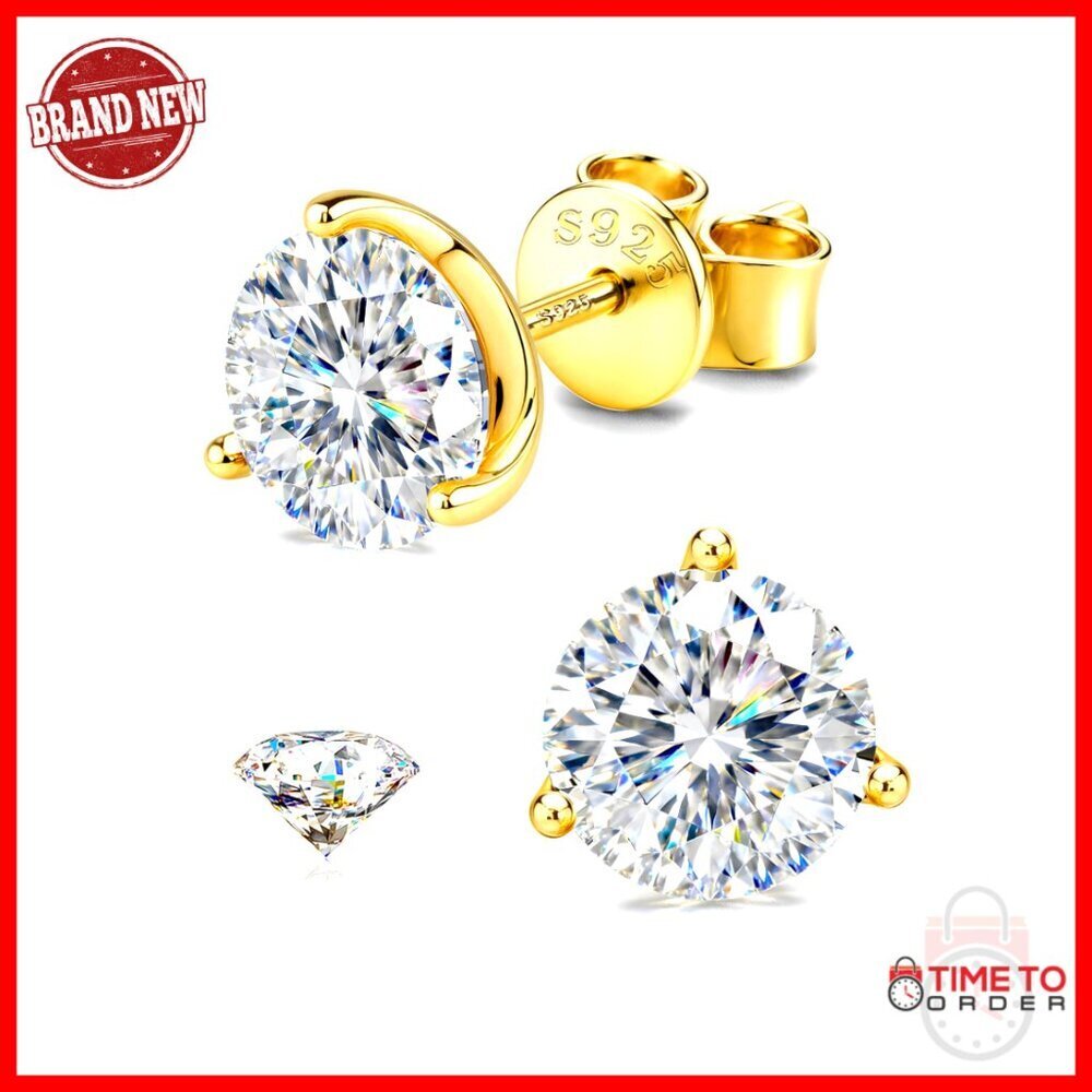 Moissanite Stud Earrings 18K Gold Plated Sterling Silver Hypoallergenic
